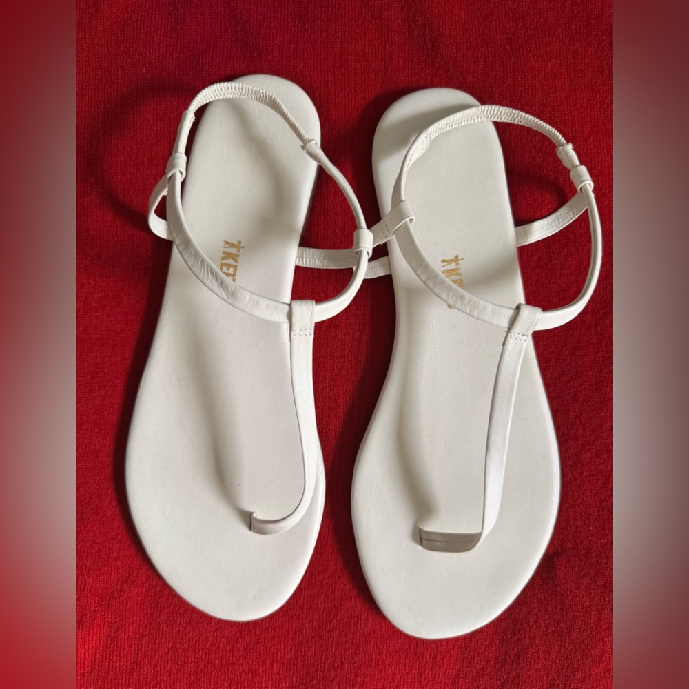 TKEES White Leather T-strap Sandals
